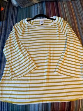 CAbi Yellow and White Striped Boatneck Top